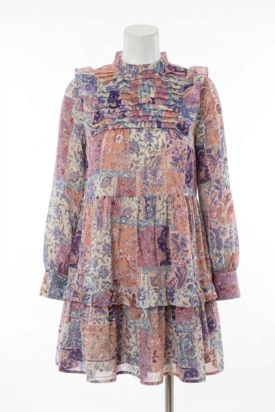 NEW FATE ruffle detail high neck tiered dress in cream/lavender